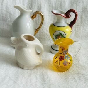4 Vintage Miniature Pitchers Ceramic Glass Floral Hand Painted